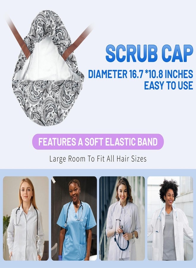 MISAKTEAM Satin Lined Scrub Cap for Women Nurse Scrub Hat Ponytail Dental Scrub Caps Surgical Bonnet with Buttons Black White - Image 3